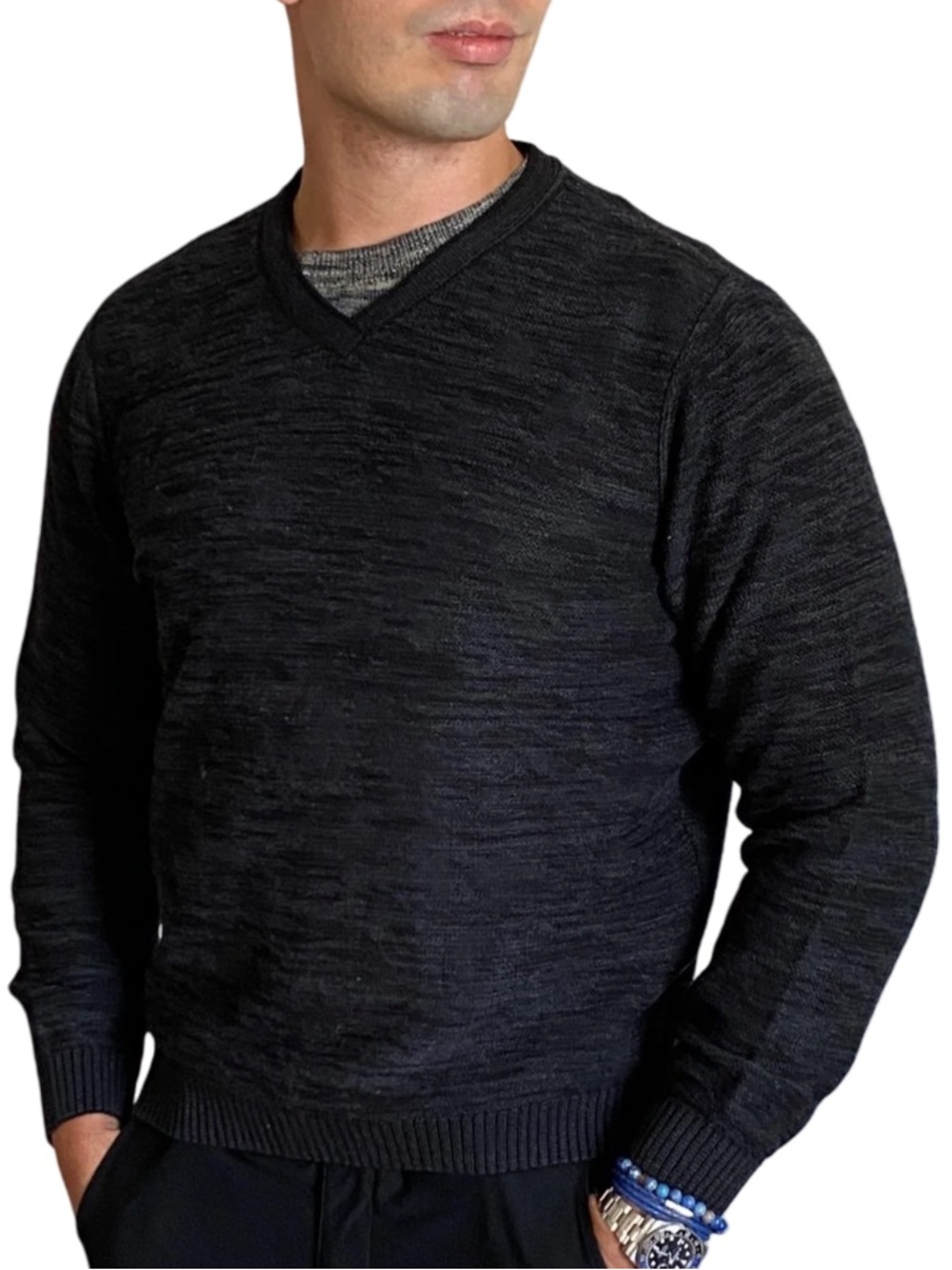 Lenor Romano Heather Blue Merino Wool Blend‎ V Neck Sweater XS